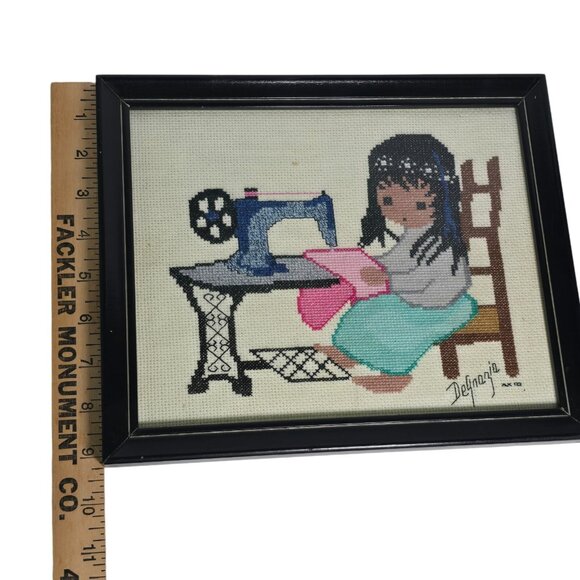 Sundance Tish Cassandra Needlepoint Canvas DeGrazia Girl Sewing Framed Completed - Picture 11 of 12
